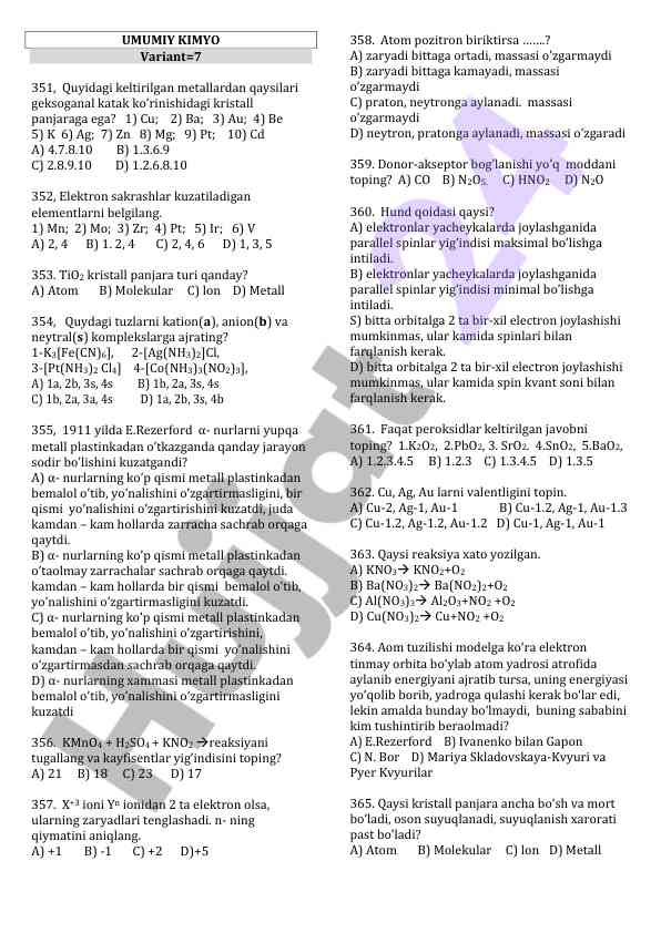 Umumiya kimyo testlari variant 7