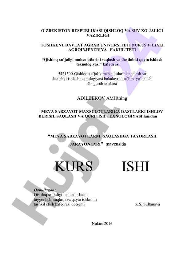 Meva sabzavotlarni saqlashga tayyorlash jarayonlari