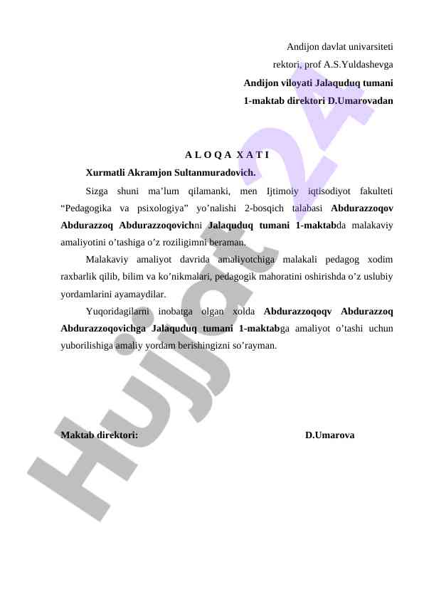 Malakaviy amaliyot uchun rozilik xati