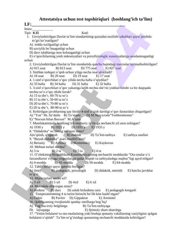 Attestatsiya uchun test topshiriqlari boshlang'ich ta'lim