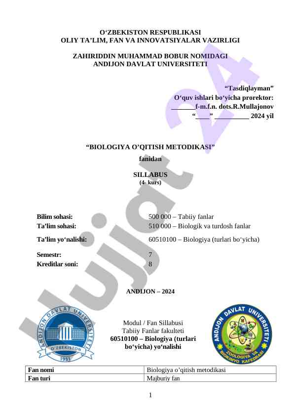 Biologiya o‘qitish metodikasi sillabusi 2024