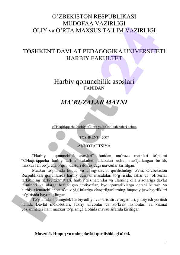 Harbiy qonunchilik asoslari fanidan ma'ruzalar matni