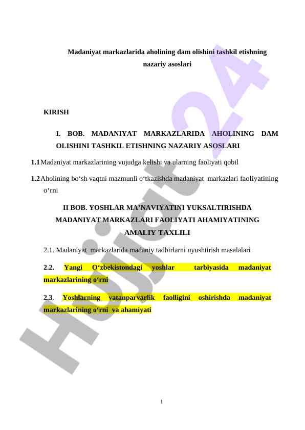 Madaniyat Markazlarida Aholining Dam Olishini Tashkil Etish