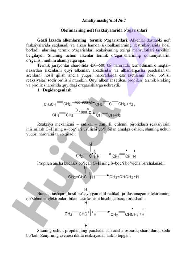Alkenlarning termik o'zgarishlari gazli fazada