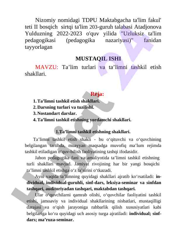 Taʼlim turlari va tashkil etish shakllari