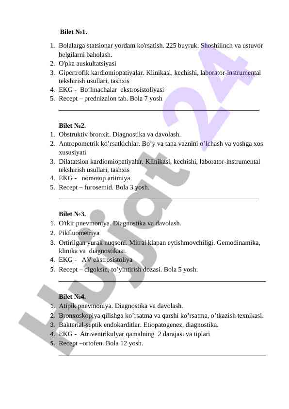 Bolalarga stattsionar yordam ko'rsatish diagnostikasi