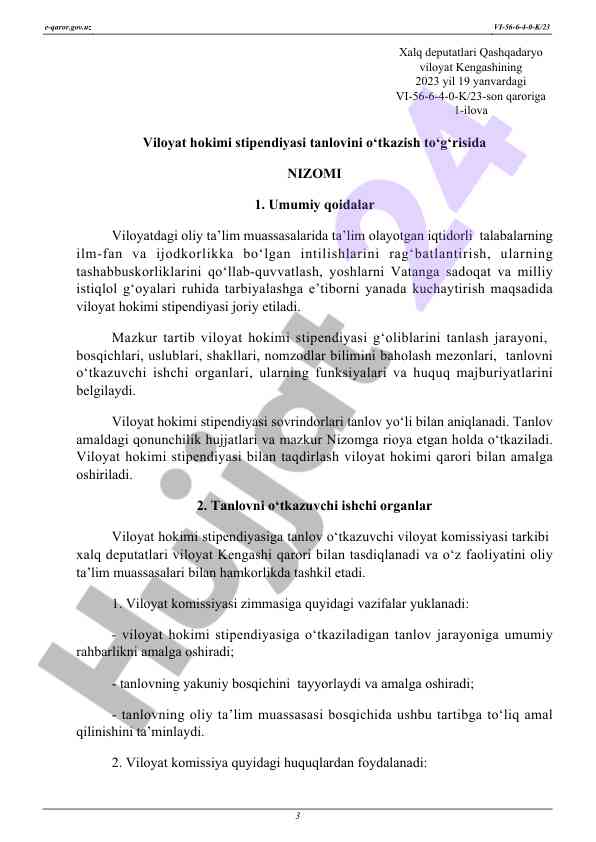 Viloyat hokimi stipendiyasi tanloviga dastur nizomi