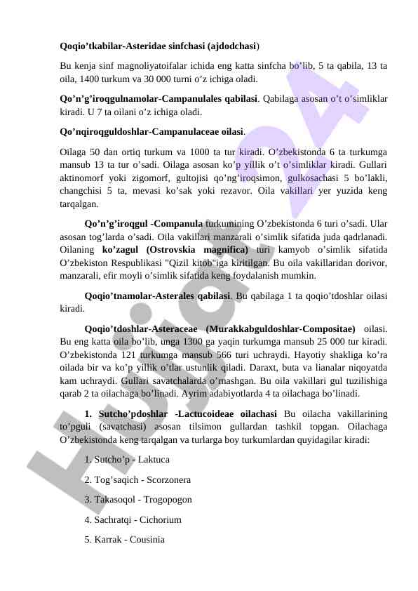 Qoqio’tkabilar asteridae sinfchasi haqida ma'lumotlar