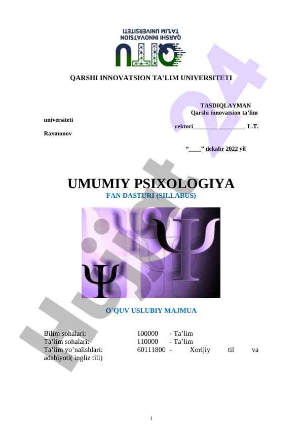 Umumiy psixologiya fan dasturi sillabus