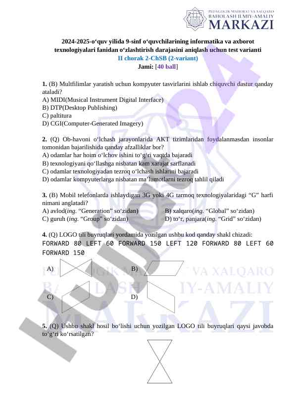 9-sinf o‘quvchilari uchun informatika test varianti