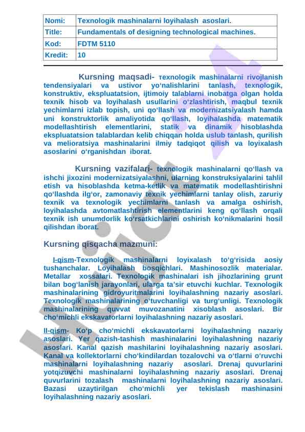 Texnologik mashinalarni loyihalash va rivojlanish