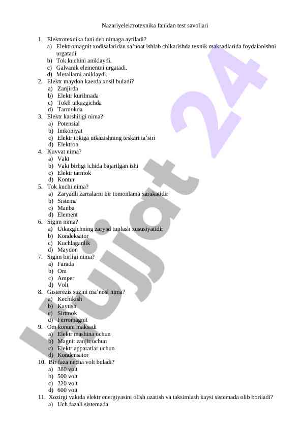Nazariyelektrotexnika fanidan test savollari