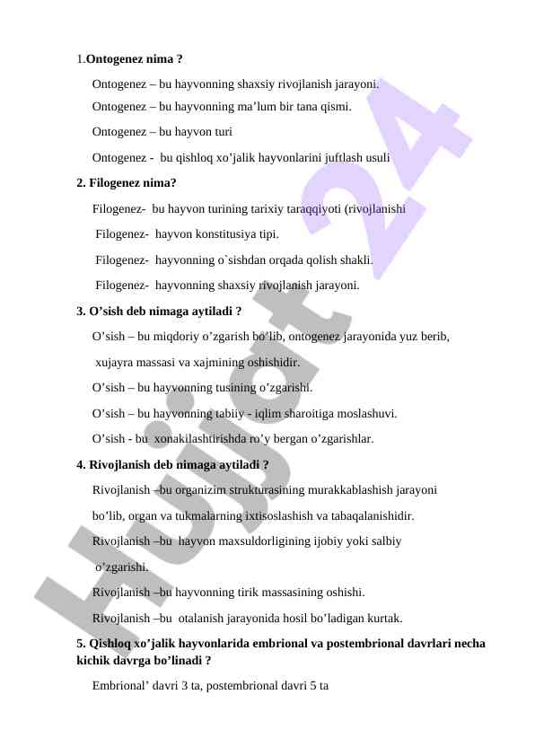 Ontogenez va filogenez jarayonlari tahlili