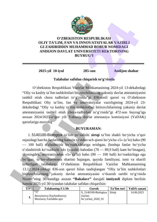 Andijon davlat universiteti talabalar qo‘shilishi buyrug‘i