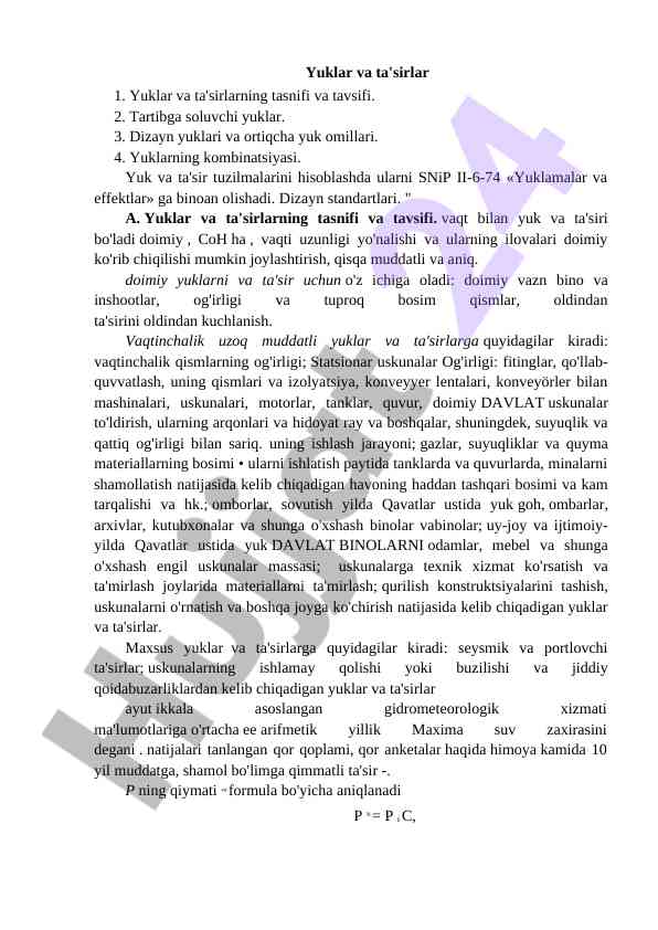 Yuklar va ta'sirlar tasnifi va tavsifi