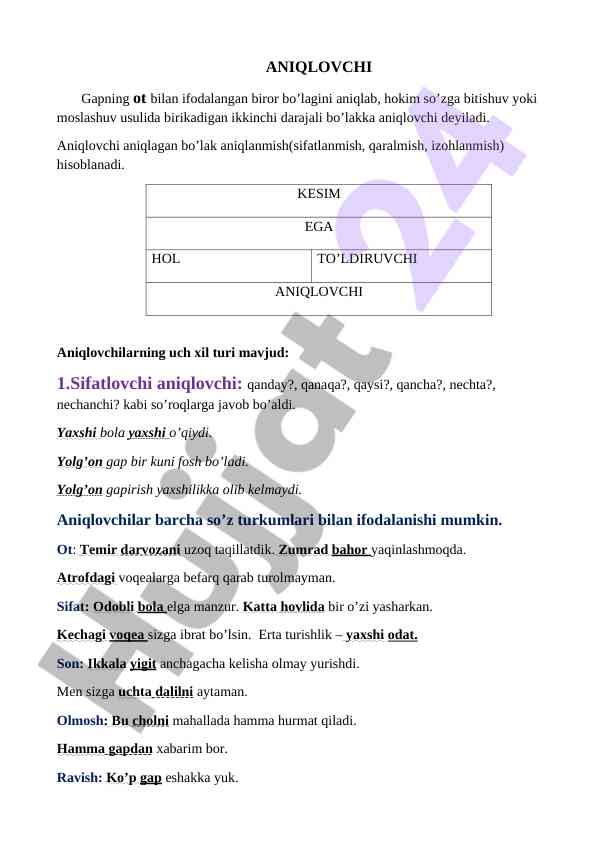 Aniqlovchi gaplarni tushunish va misollar