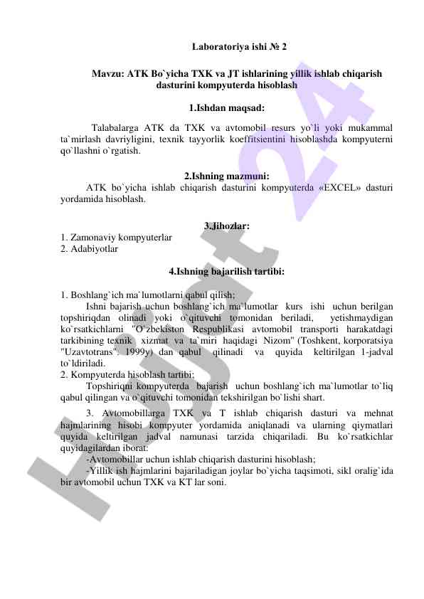 Atk bo'yicha txk va jt ishlarining yillik dasturi