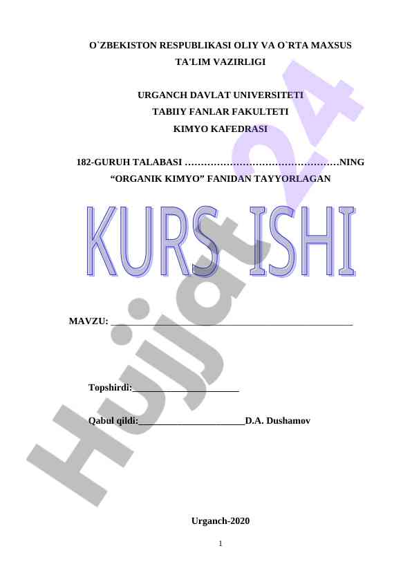 Organik kimyo fani bo'yicha kurs ishiga reja