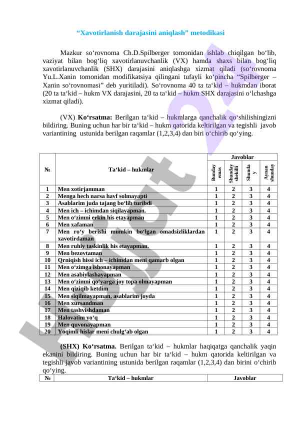 Xavotirlanish darajasini aniqlash metodikasi