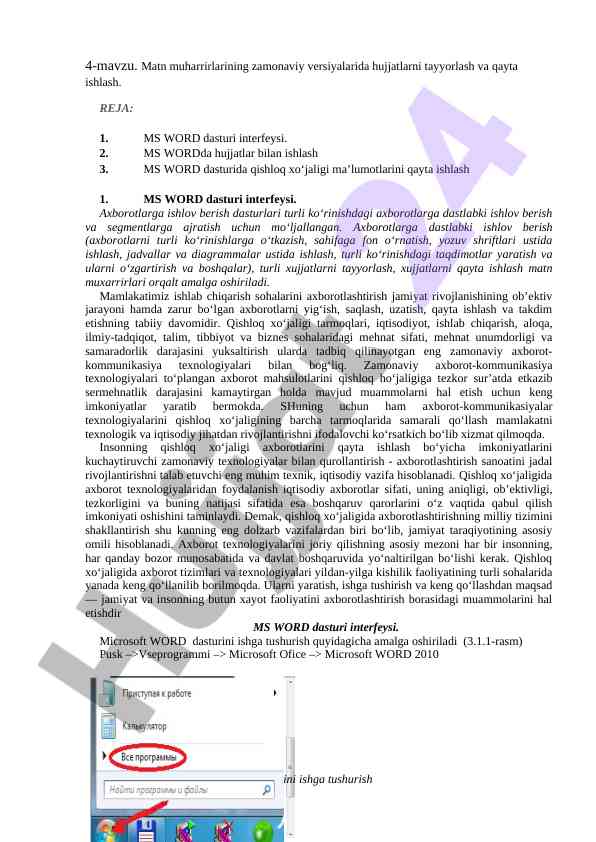 Ms word dasturi interfeysi va hujjatlarni tayyorlash