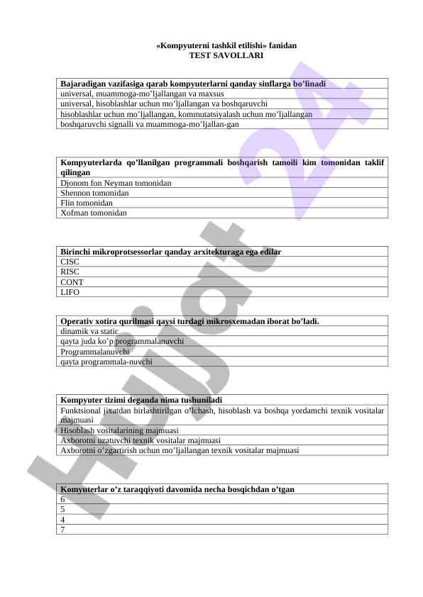Kompyuterni tashkil etilishi fanidan test savollari