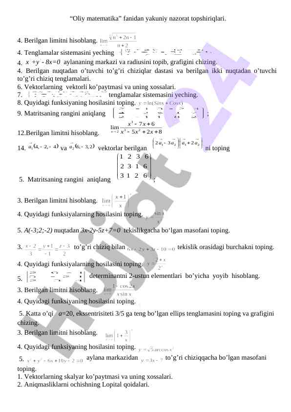 Oliy matematika fanidan yakuniy nazorat topsheriklari