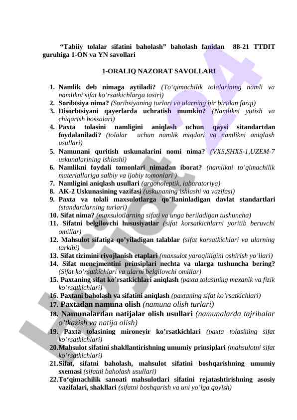 Tabiiy tolalar sifatini baholash metodlari