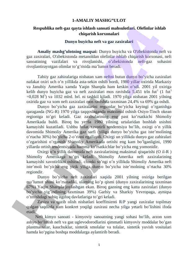Olefinlar ishlab chiqarish va gaz zaxiralari