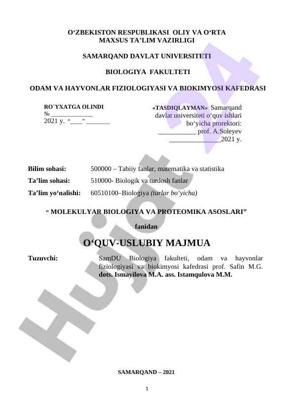 Molekulyar biologiya va proteomika asoslari uslubiy majmua
