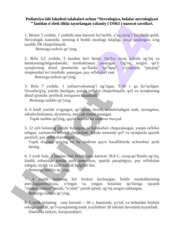 Nevrologiya fanidan nazorat savollari