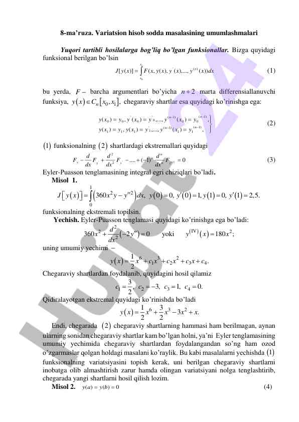 Variatsion hisob sodda masalasining umumlashmalari