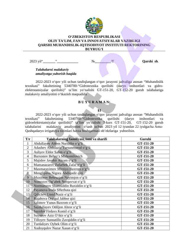 Malakaviy amaliyot uchun tavsiyanomalar 2022-2023