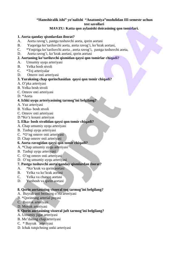 Katta qon aylanishi doirasining qon tomirlari testi