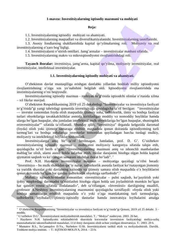 Investitsiyalarning iqtisodiy mazmuni va mohiyati