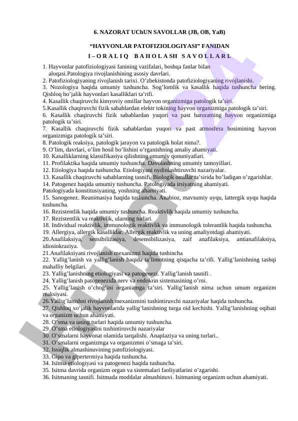 Hayvonlar patofiziologiyasi fanidan nazorat savollari