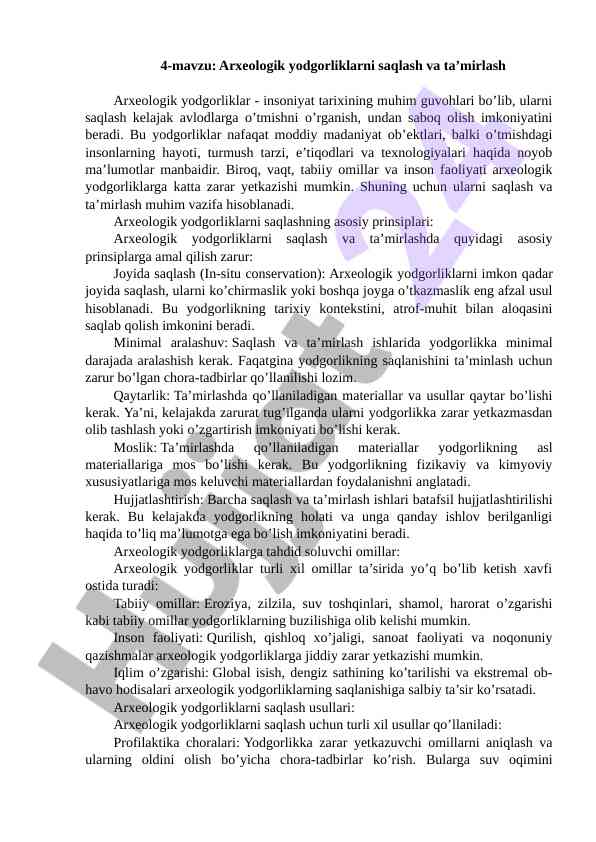 Arxeologik yodgorliklarni saqlash va ta’mlash
