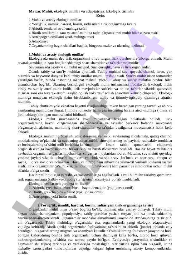 Muhit va ekologik omillar va adaptatsiya