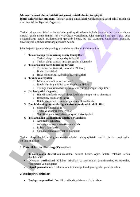 Teskari aloqa datchiklari xarakteristikalarini tahlil qilish