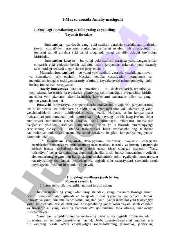 Innovatsiya va mahsulot innovatsiyalari tahlili