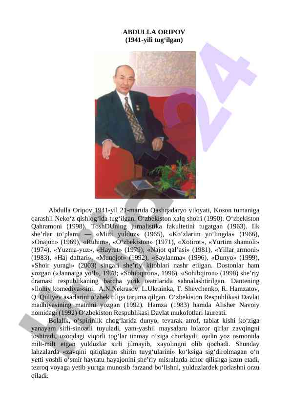 Abdulla oripov she’riyati va uning rivojlanishi