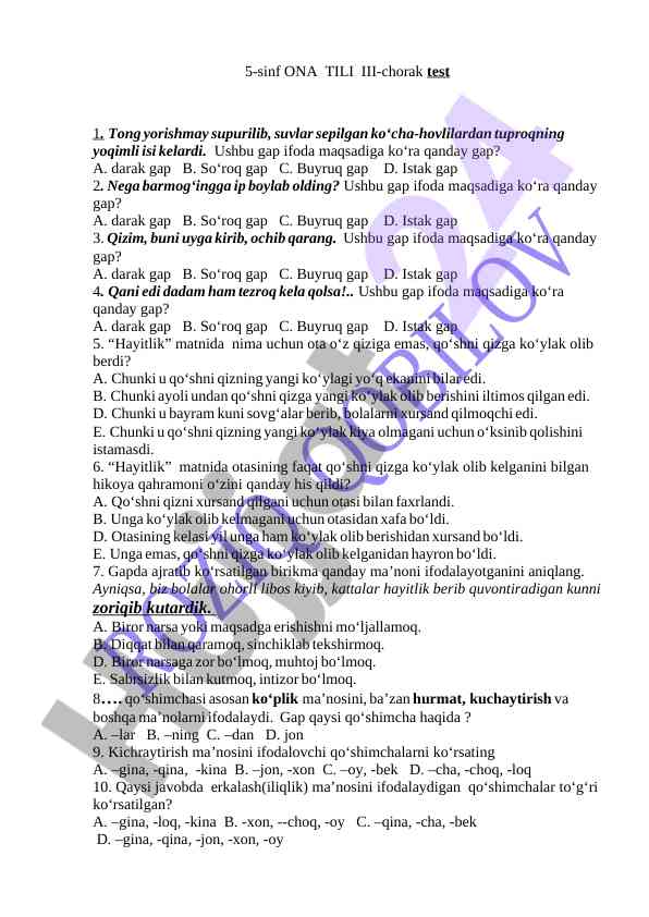 5-sinf ona tili iii-chorak test savollari