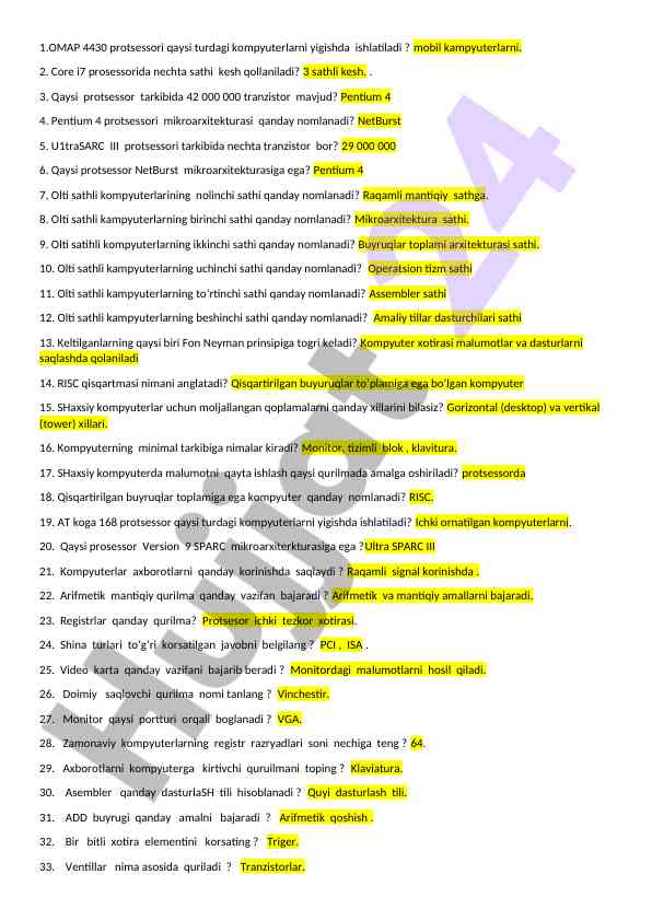 Olti sathli kompyuter arxitekturasi savollari