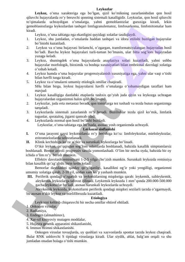 Leykozlar tushunchasi va ularning o‘ziga xos xususiyatlari