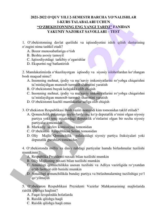 O‘zbekistonnning eng yangi tarixi test savollari
