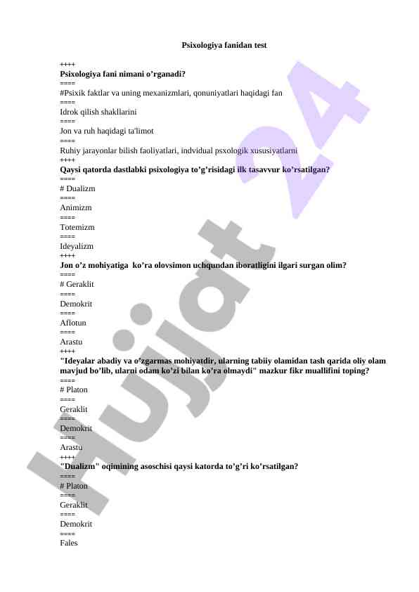 Psixologiya fanidan test savollari
