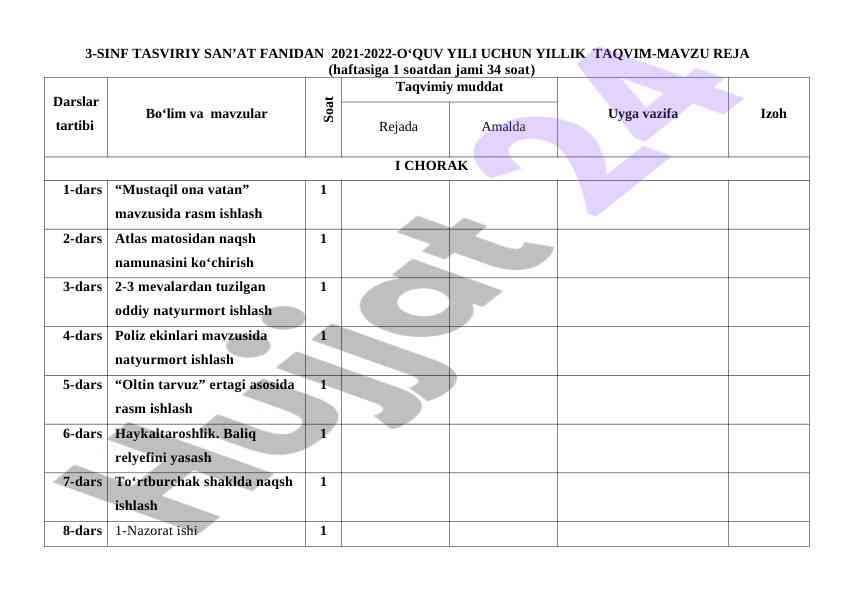 3-sinf tasviriy san’at fanidan yillik taqvim reja