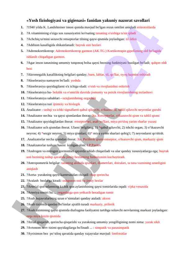 Yosh fiziologiyasi va gigienasi bo'yicha nazorat savollari