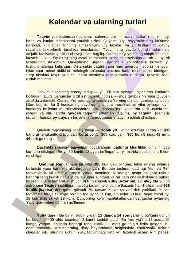 Kalendar va ularning turlari haqida ma'lumot