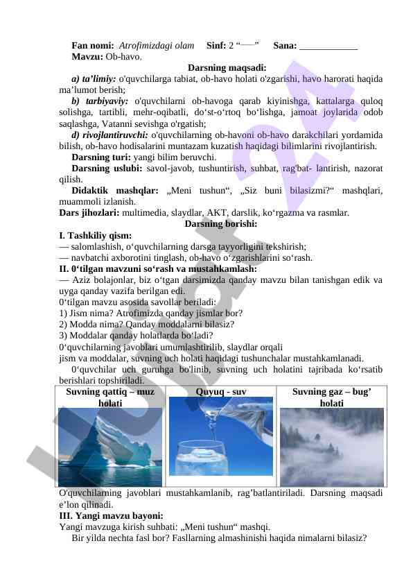 Ob-havo mavzusida dars ishlanmasi