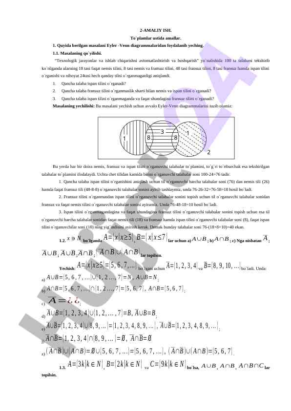 Eyler-venn diagrammalaridan foydalanib masalalar